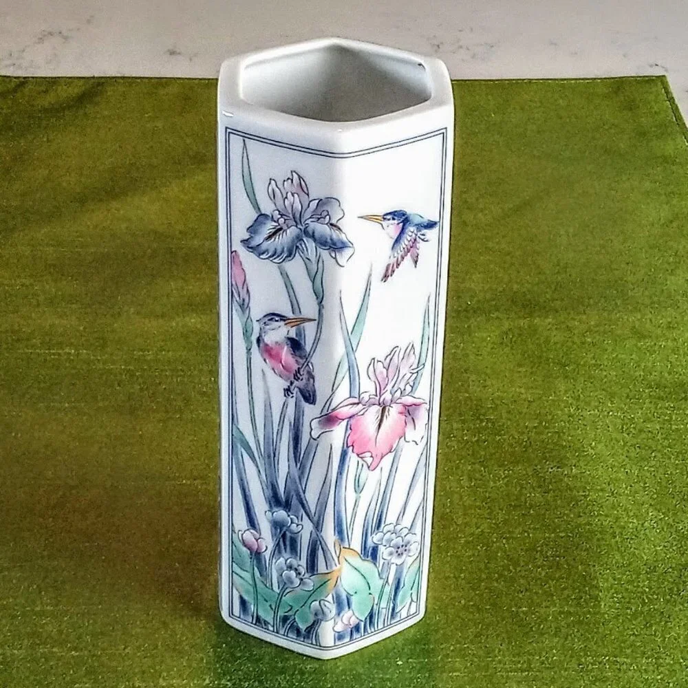 Vintage FTD Hexagonal White Floral Porcelain Vase